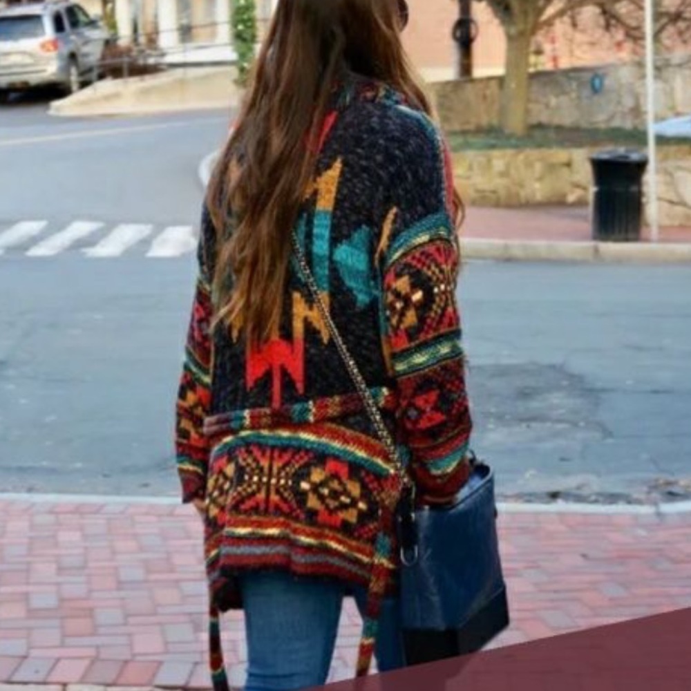 Free People Southwestern Cardigan Duster Jacket Fringe Aztec Size Medium large - Picture 11 of 15